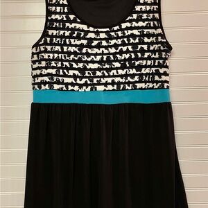 NY Collection Y2K 2X Plus Dress Sleeveless Flutter Top Side Zip B&W Turquoise